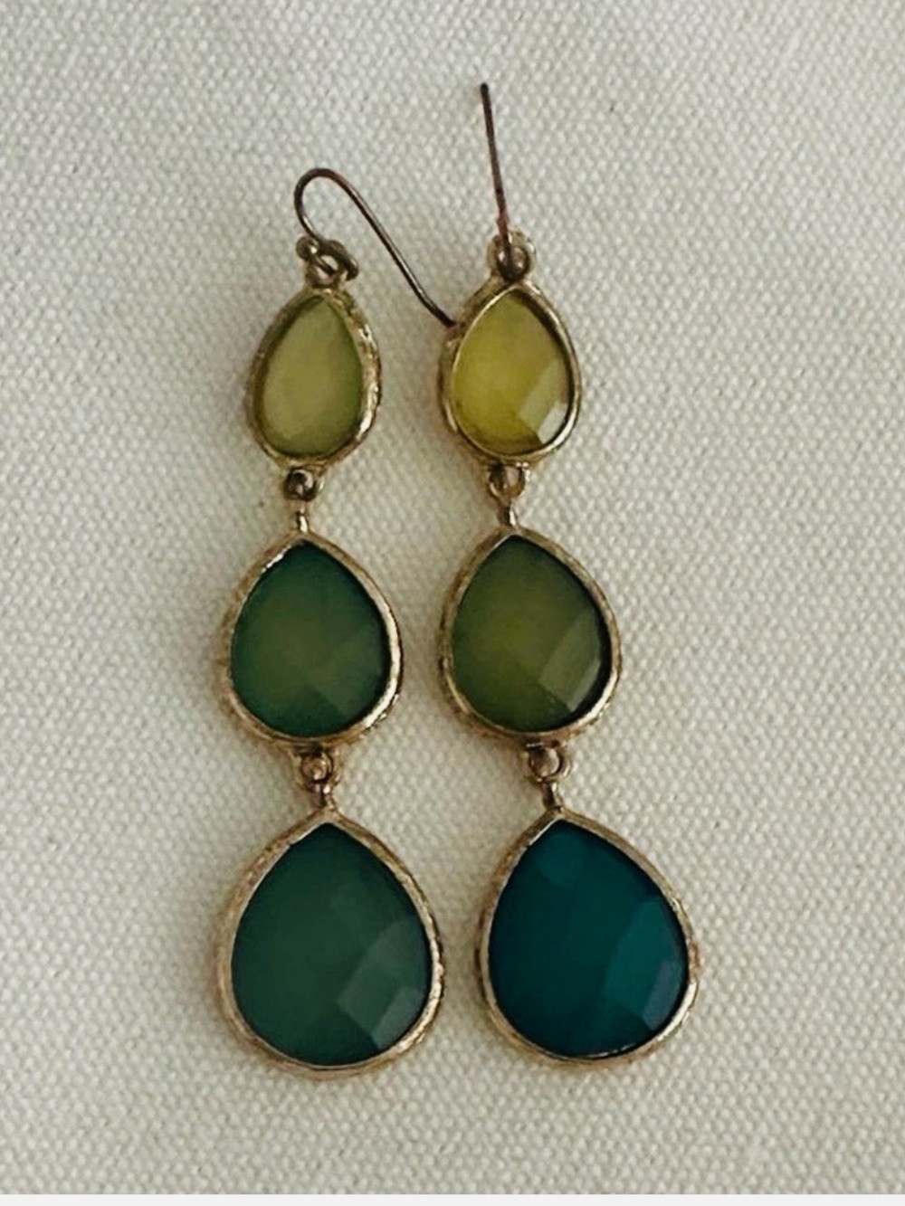 Gold-Trim Olive to Teal Triple Drop Teardrop Earrings